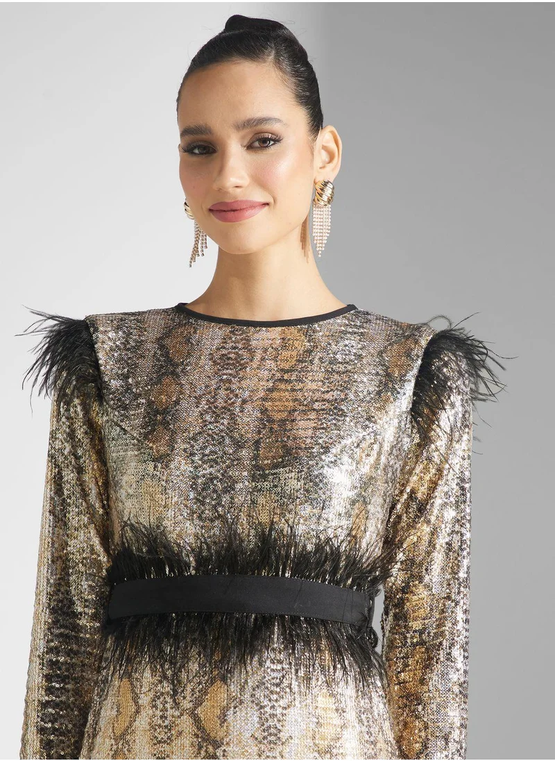 Golden Apple Sequin Detail Belted Dress