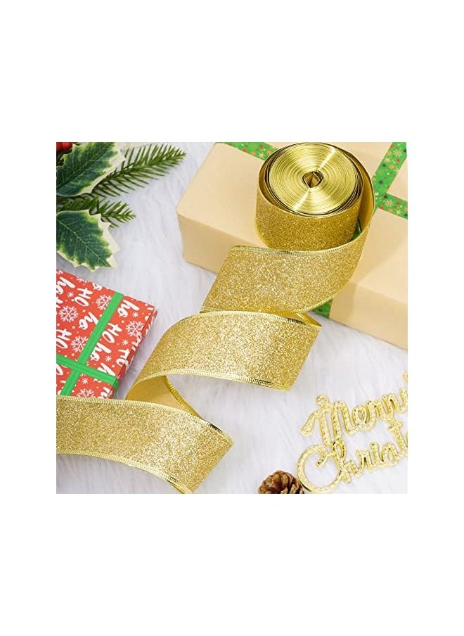 The Bros Christmas Glitter Wired Ribbon 11 Yards Shimmer Christmas Ribbon with Gold Wired Edge Metallic Gift Wrapping Ribbons for Xmas Wreath Tree Party Home Wedding Festival DIY (2 Inch, Gold)  - Image 4