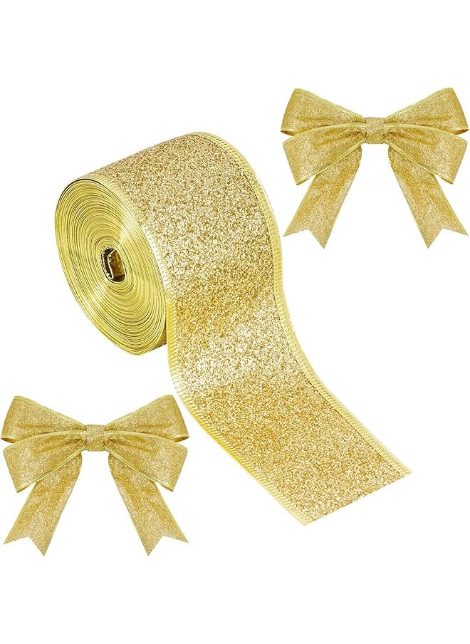 The Bros Christmas Glitter Wired Ribbon 11 Yards Shimmer Christmas Ribbon with Gold Wired Edge Metallic Gift Wrapping Ribbons for Xmas Wreath Tree Party Home Wedding Festival DIY (2 Inch, Gold)  - Image 1