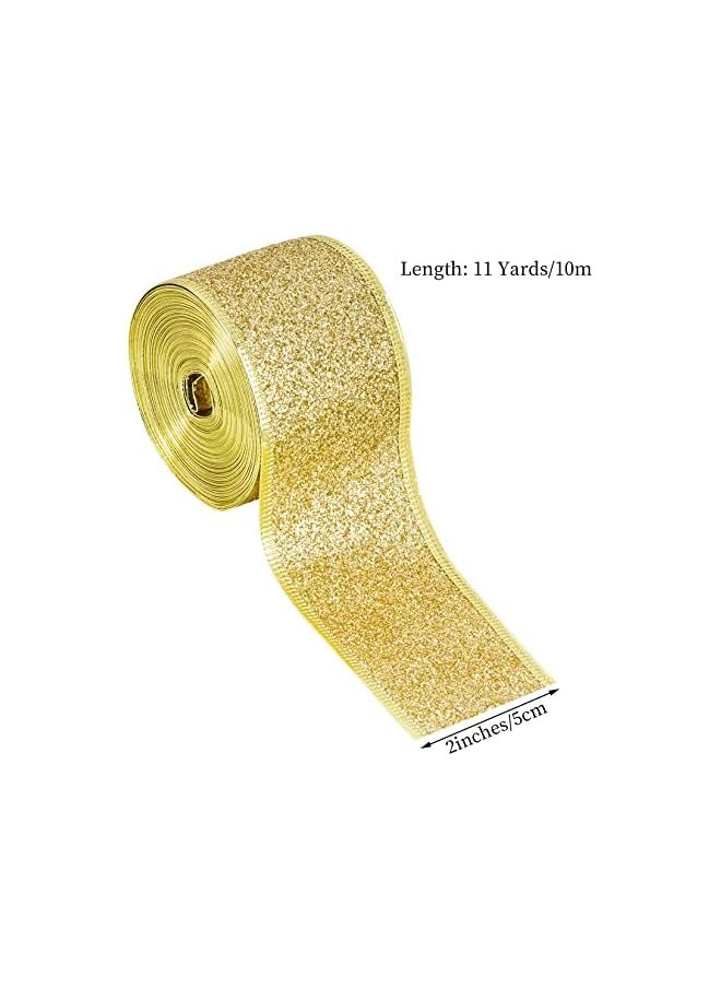 The Bros Christmas Glitter Wired Ribbon 11 Yards Shimmer Christmas Ribbon with Gold Wired Edge Metallic Gift Wrapping Ribbons for Xmas Wreath Tree Party Home Wedding Festival DIY (2 Inch, Gold)  - Image 2