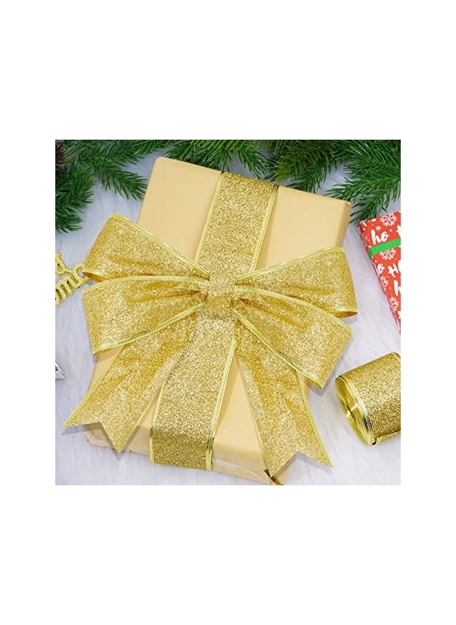 The Bros Christmas Glitter Wired Ribbon 11 Yards Shimmer Christmas Ribbon with Gold Wired Edge Metallic Gift Wrapping Ribbons for Xmas Wreath Tree Party Home Wedding Festival DIY (2 Inch, Gold)  - Image 5