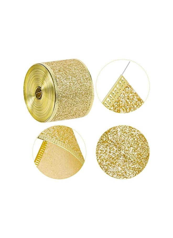 The Bros Christmas Glitter Wired Ribbon 11 Yards Shimmer Christmas Ribbon with Gold Wired Edge Metallic Gift Wrapping Ribbons for Xmas Wreath Tree Party Home Wedding Festival DIY (2 Inch, Gold)  - Image 3