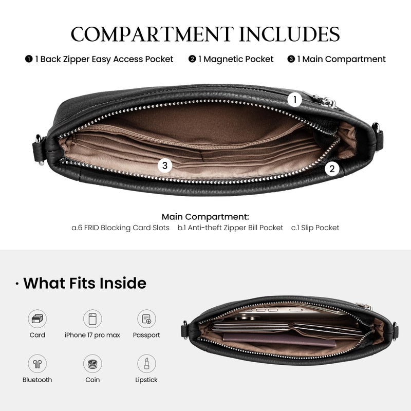 befen Genuine Leather Wristlet Wallets for Women Black Clutch Purse RFID Blocking Small Crossbody Bags Soft Real Leather Purse Trendy Wrist Wallet Travel Women Shoulder Handbag with 2 Removable Straps - Image 5