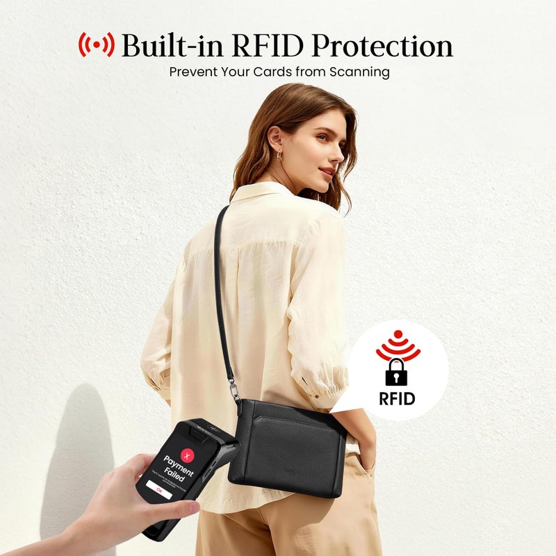befen Genuine Leather Wristlet Wallets for Women Black Clutch Purse RFID Blocking Small Crossbody Bags Soft Real Leather Purse Trendy Wrist Wallet Travel Women Shoulder Handbag with 2 Removable Straps - Image 4