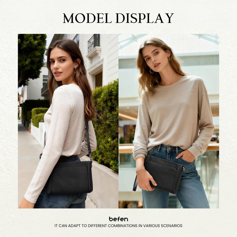 befen Genuine Leather Wristlet Wallets for Women Black Clutch Purse RFID Blocking Small Crossbody Bags Soft Real Leather Purse Trendy Wrist Wallet Travel Women Shoulder Handbag with 2 Removable Straps - Image 2