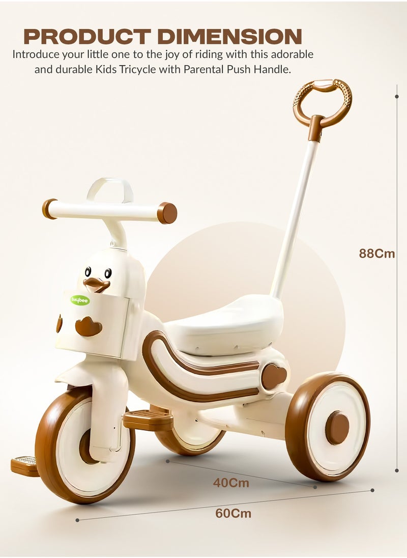 BAYBEE Ducky 2 in 1 Baby Tricycle for Kids, Smart Baby Cycle with Parental Push Handle & Front Storage Basket | Kids Cycle Tricycle for Toddlers | Kids Tricycle for Baby 1.5 to 5 Years Boys Girls Beige  - Image 3