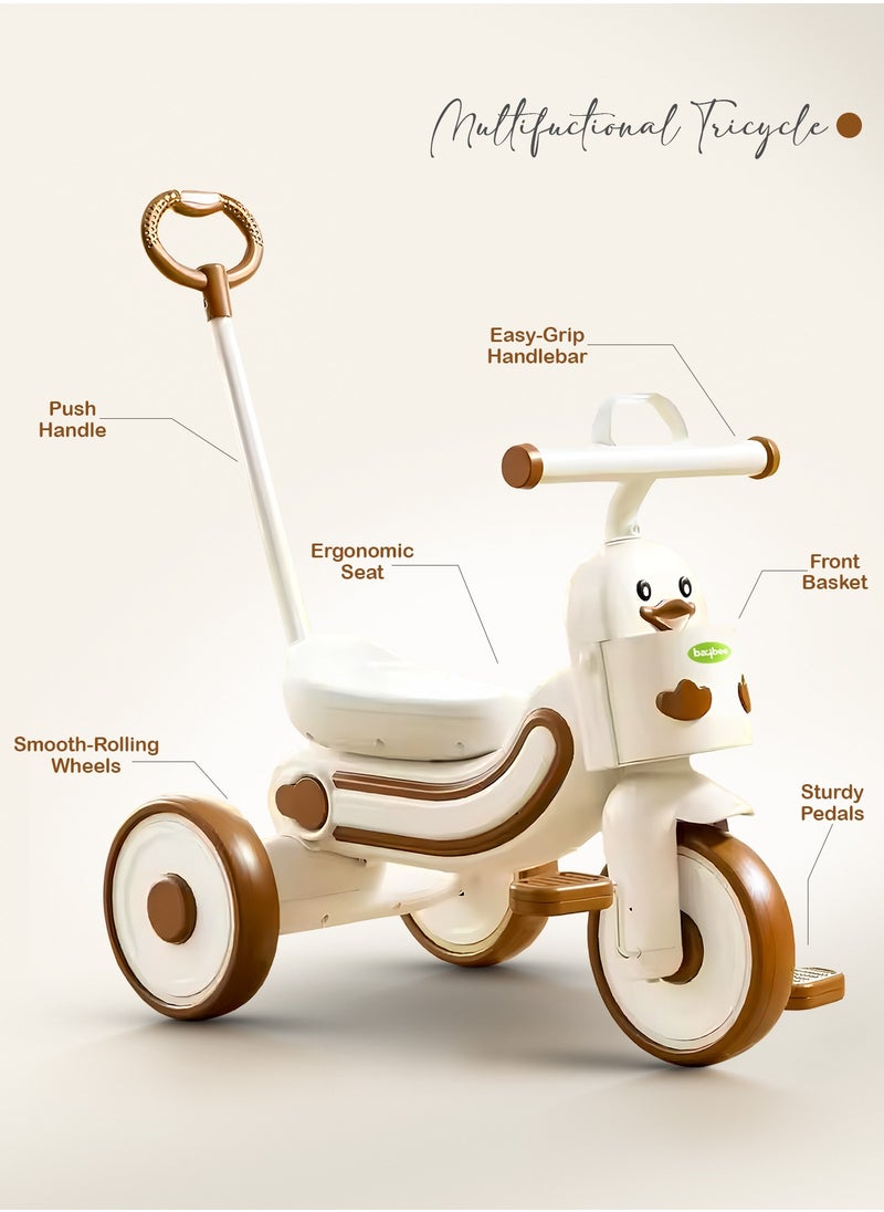 BAYBEE Ducky 2 in 1 Baby Tricycle for Kids, Smart Baby Cycle with Parental Push Handle & Front Storage Basket | Kids Cycle Tricycle for Toddlers | Kids Tricycle for Baby 1.5 to 5 Years Boys Girls Beige  - Image 4