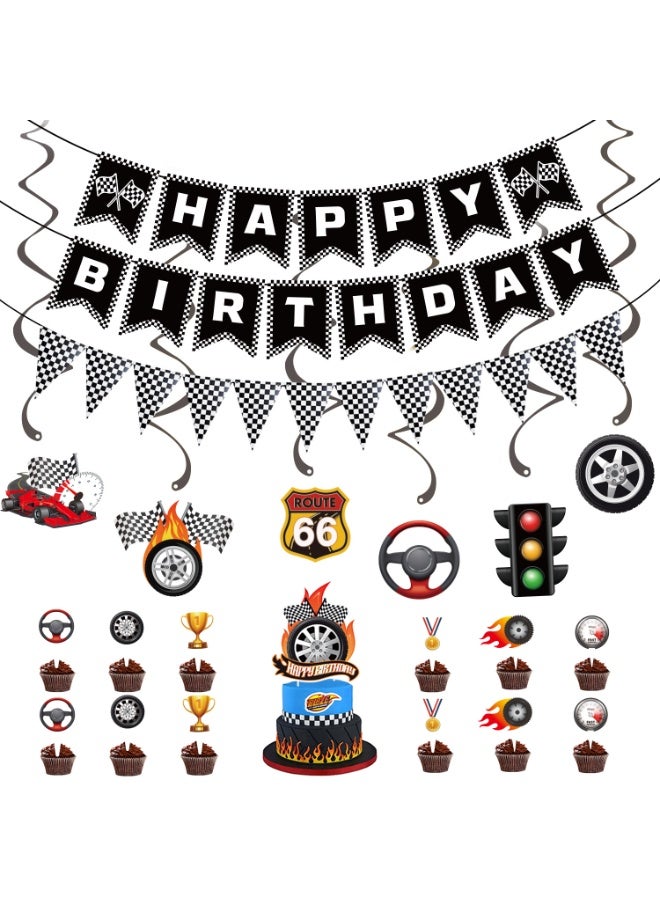 Bukela Racing-themed birthday party decoration set, 34-piece assortment including balloon banners, cake toppers, hanging streamers, and honeycomb centrepiece, specially designed for sports-themed birthday celebrations. - Image 1