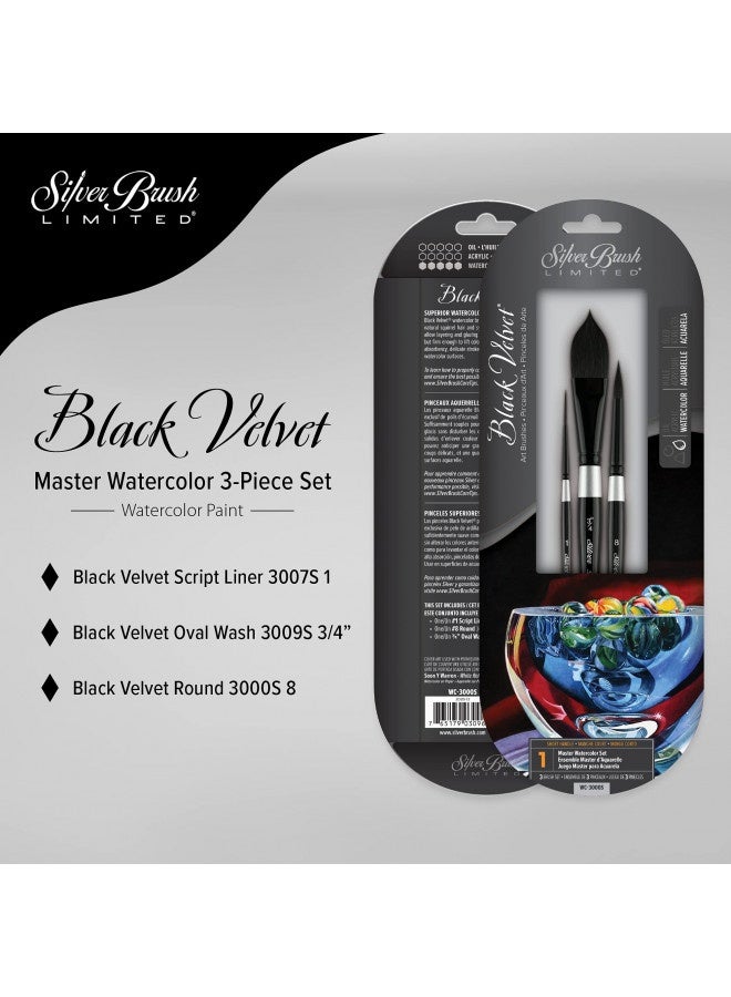 Silver Brush Limited Silver Brush Limited Wc-3000S Black Velvet Master Watercolor Set, Set Of 3 Brushes, Script Liner Size 1, Oval Wash Size 3/4 Inch, And Round Size 8 - Image 1