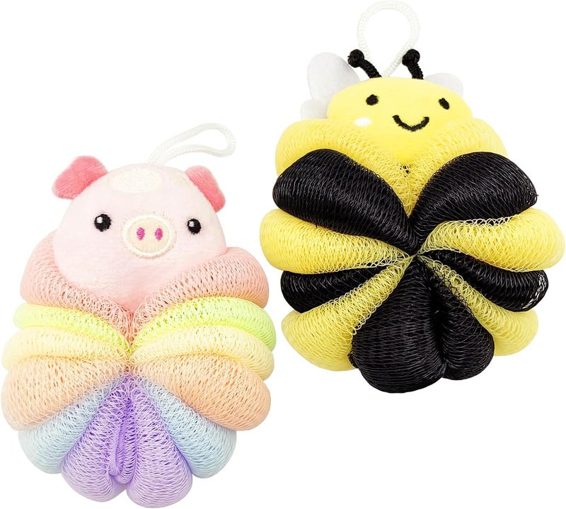 BETITETO Bath Sponges 2Pieces Kids Cute Cartoon Animal Bath Loofahs Pouf Mesh Balls Body Scrubber Bathing Accessories Gifts for Children Women Bee Pig - Image 1
