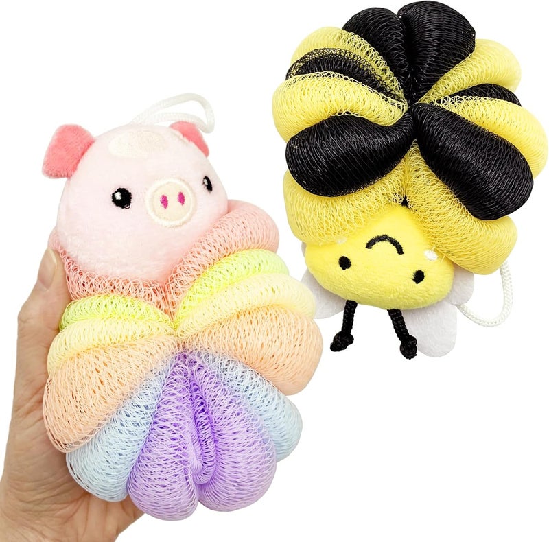 BETITETO Bath Sponges 2Pieces Kids Cute Cartoon Animal Bath Loofahs Pouf Mesh Balls Body Scrubber Bathing Accessories Gifts for Children Women Bee Pig - Image 3