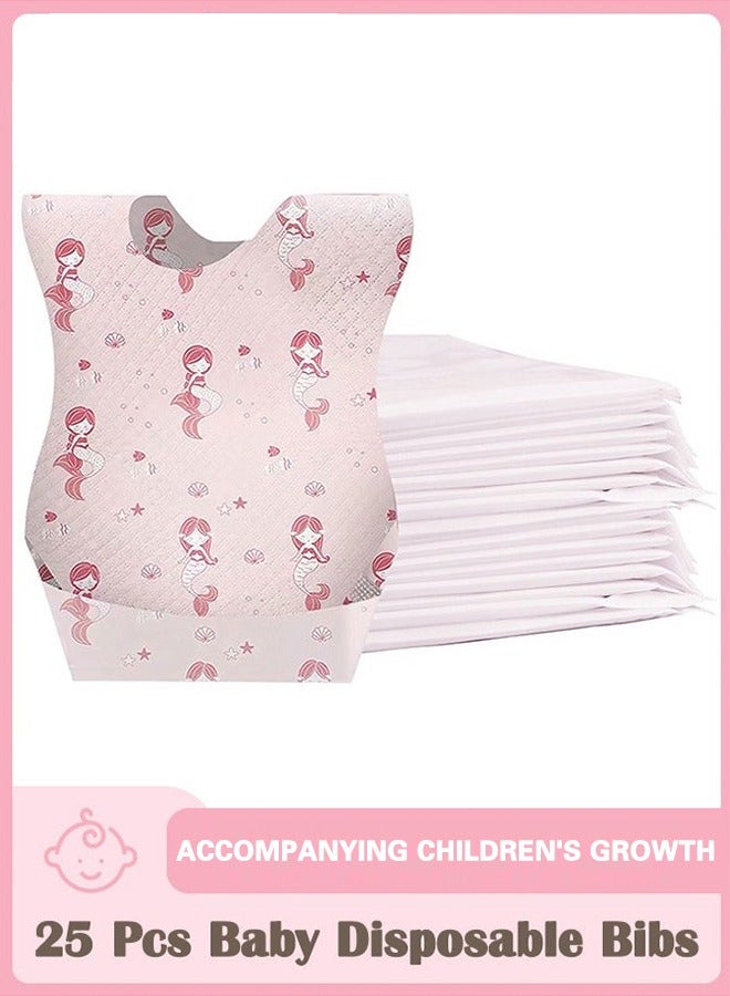 25 Pcs Baby Disposable Bibs Travel Feeding Bib- Leakproof Liner, Food Catcher Pocket for 6-18 Months Babies Toddlers, Pink