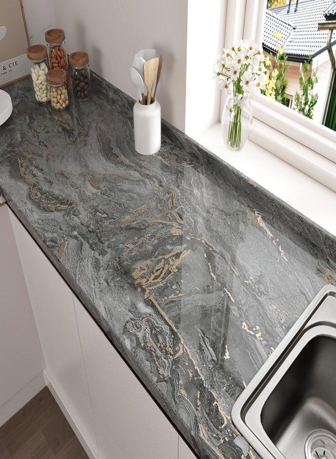 Wallercity ورق اتصال رخامي أسود/ذهبي من Wallercity لأسطح العمل، ورق حائط رخامي ذهبي مقاوم للماء، قابل للتقشير واللصق، ورق اتصال لأسطح العمل للمطبخ والحمام، غلاف فينيل قابل للإزالة للخزائن 15.8 بوصة × 78.7 بوصة - Image 3