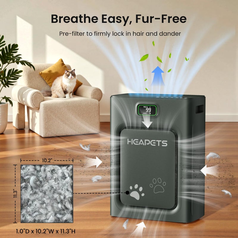 HEAPETS Pet Air Purifier for Home Large Room 2500 sq ft,H13 HEPA Washable Double-Sided Filter,Air Cleaner for Pet Hair Dander Odor Allergies Pollutant Smoke Dust,PM2.5 Air Quality Monitor,Auto Mode,P358 Black - Image 3