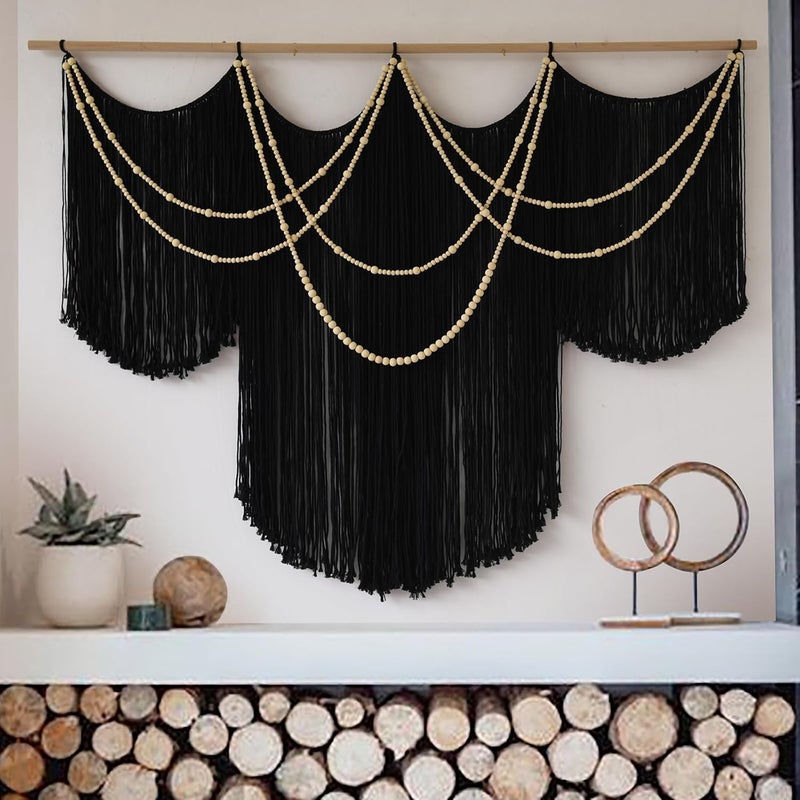Flber Macrame Wall Hanging Black Yarn Tapestry Home Decor Large Fiber Wall Art Living Room Bedroom Home Wall Decor 57" W x 43" L - Image 1