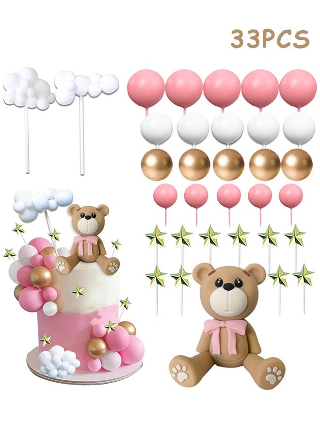 MXN 33 Pcs Small Bear Birthday Cake Decoration Set, Cake Toppers Kit Include 1 Small Bear, 10 White Small Balls etc, For Boy Girl Baby Shower Birthday Party Decorations - Image 1