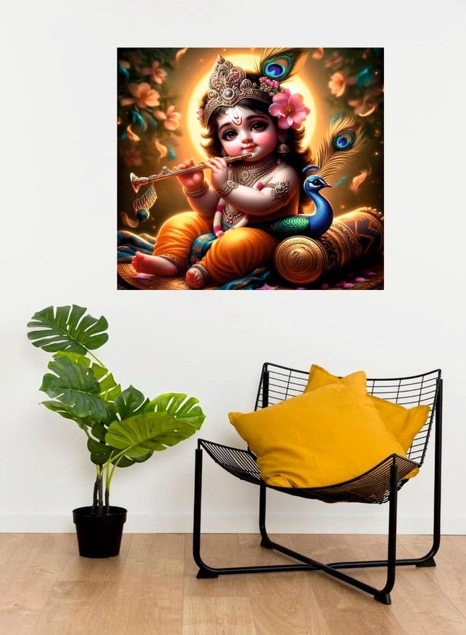 Sky Flying Baby Krishna Flute And Peacock Wall Poster (K18_NW_28) Living Room, Pooja Room, KIds Room (Size - 46CM X 46CM) - Image 3