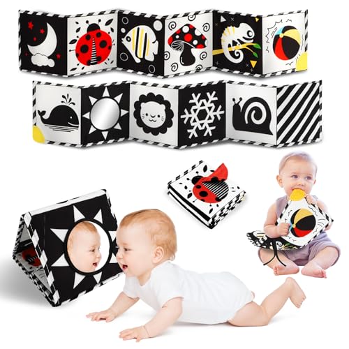 Baobrava Tummy Time Toys High Contrast Baby Book with Mirror Teether Black and White Infant Books 0612 Months Soft Book for Newborn Sensory Books Tummy Time Car Seat Toys 06 Month Boy Girl Gift - Image 1