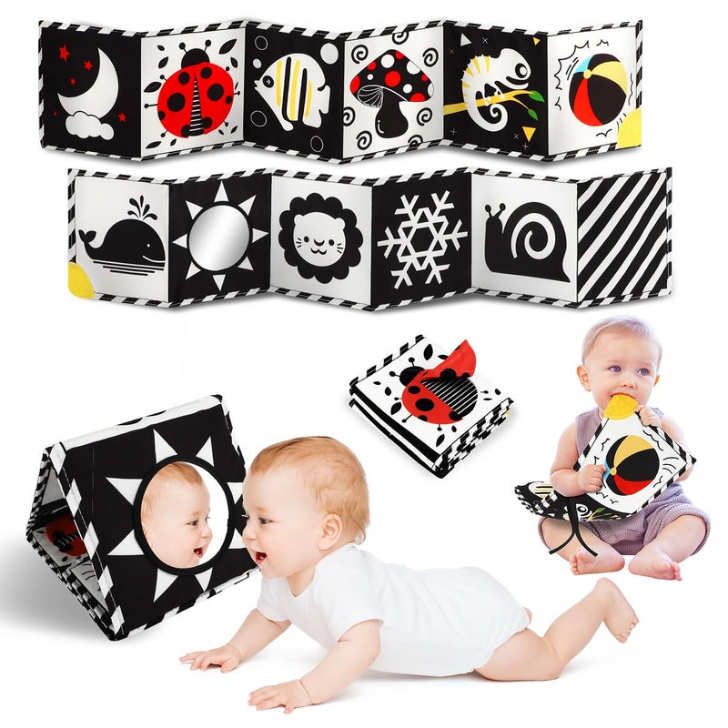 Baobrava Tummy Time Toys High Contrast Baby Book with Mirror Teether Black and White Infant Books 0612 Months Soft Book for Newborn Sensory Books Tummy Time Car Seat Toys 06 Month Boy Girl Gift - Image 2