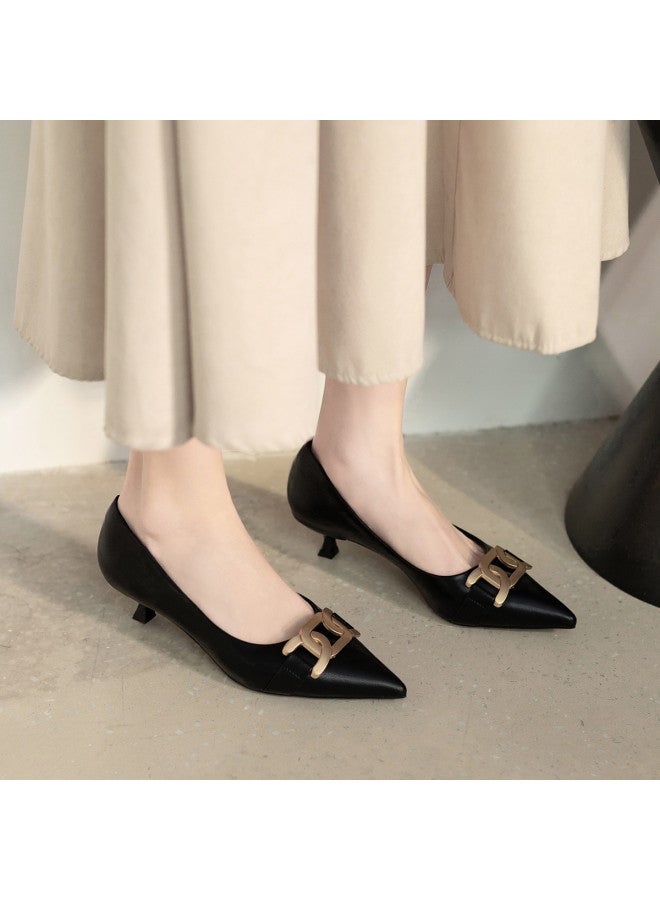 Hot Selling】metal Buckle Commuter Shoes Women Pointed Toe Shallow Mouth Kitten Heel Versatile Mid Heel Work Boots - Image 2
