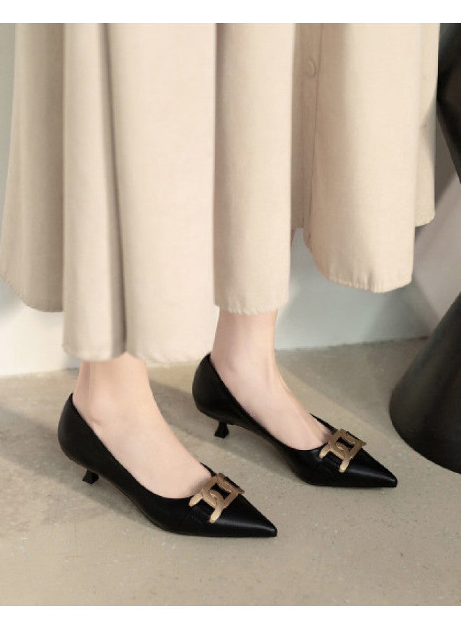 Hot Selling】metal Buckle Commuter Shoes Women Pointed Toe Shallow Mouth Kitten Heel Versatile Mid Heel Work Boots - Image 1