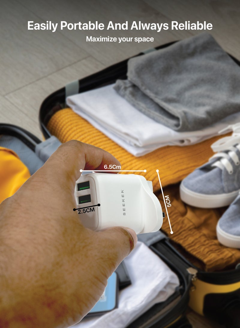 Seeken Dual USB Wall Charger UK Plug 2.4A Fast Charging Adapter, Universal AC 100–240V Travel Charger with Over-Current, Short-Circuit & Temperature Protection (White) - Image 3