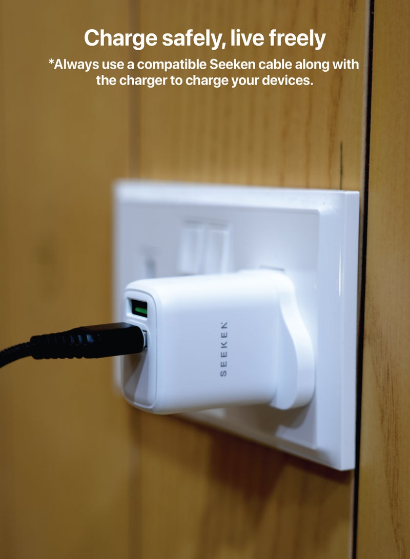 Seeken Dual USB Wall Charger UK Plug 2.4A Fast Charging Adapter, Universal AC 100–240V Travel Charger with Over-Current, Short-Circuit & Temperature Protection (White) - Image 4