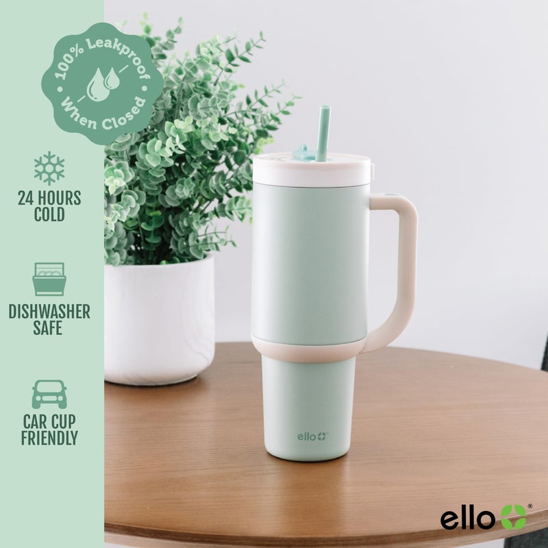 Ello Oasis 40 oz Tumbler with Handle & Retracting Straw | Reusable Insulated Stainless Steel Cup 100% Leakproof, Gifts for Teens Women Men | Keeps cold for 20 Hours, Cup Holder Friendly, Pistachio - Image 4