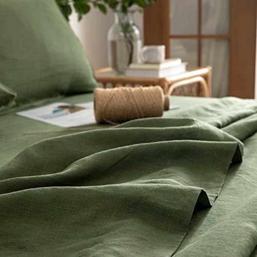 EVERLY Linen Queen Sheets Set, 100% Stonewashed French Linen Bed Sheets Deep Pocket Sheets, 4 Pieces (1 Flat Sheet, 1 Fitted Sheet, 2 Pillowcases) Natural Flax Bedding Set-Mossy Green - Image 3