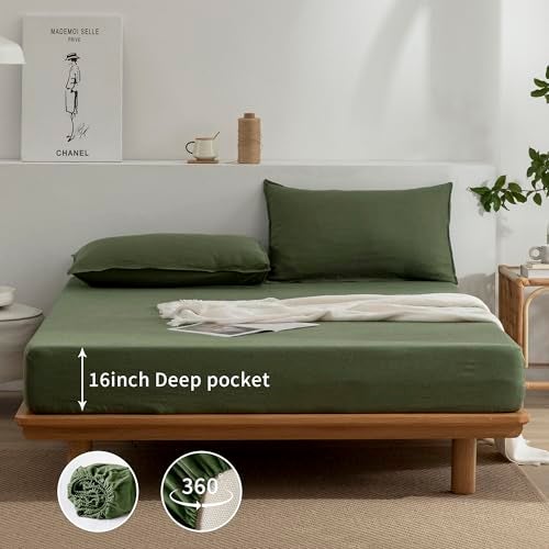 EVERLY Linen Queen Sheets Set, 100% Stonewashed French Linen Bed Sheets Deep Pocket Sheets, 4 Pieces (1 Flat Sheet, 1 Fitted Sheet, 2 Pillowcases) Natural Flax Bedding Set-Mossy Green - Image 5