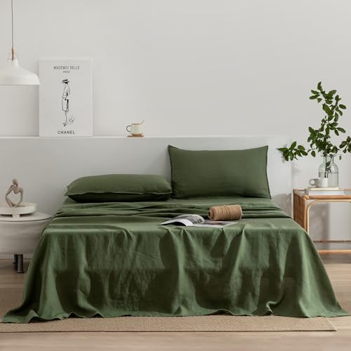 EVERLY Linen Queen Sheets Set, 100% Stonewashed French Linen Bed Sheets Deep Pocket Sheets, 4 Pieces (1 Flat Sheet, 1 Fitted Sheet, 2 Pillowcases) Natural Flax Bedding Set-Mossy Green - Image 1