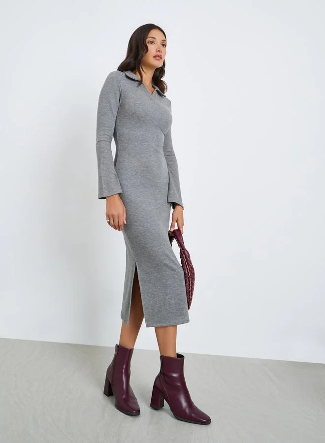 ستايلي فستان ميدي بياقة وتفاصيل مضلعة