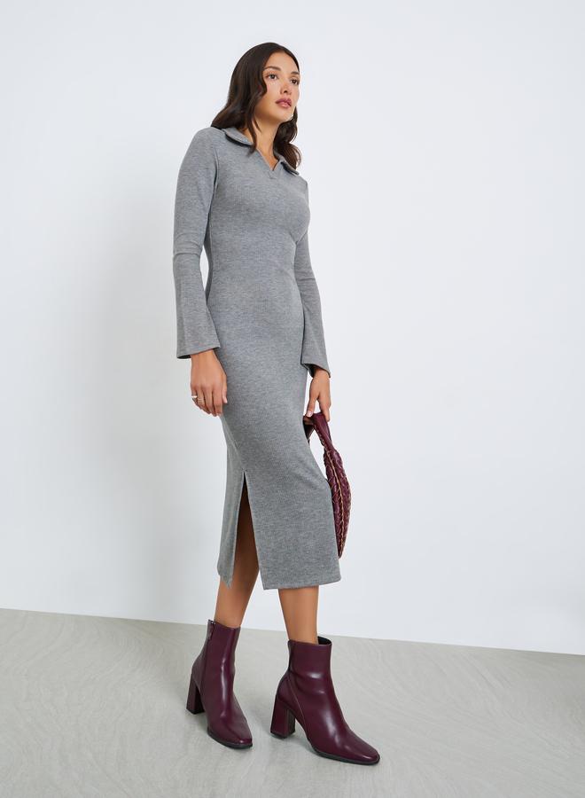 ستايلي فستان ميدي بياقة وتفاصيل مضلعة - Image 2