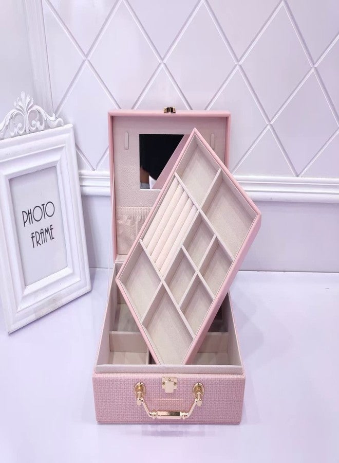 RONTENO PU Leather Jewelry Box Organizer for Women Girls 2 Layers Display Storage case Jewelry Holder for Earring Ring Necklace Storage Case(1Pc, Baby Pink, 24cm x 17cm x 9cm) - Image 4