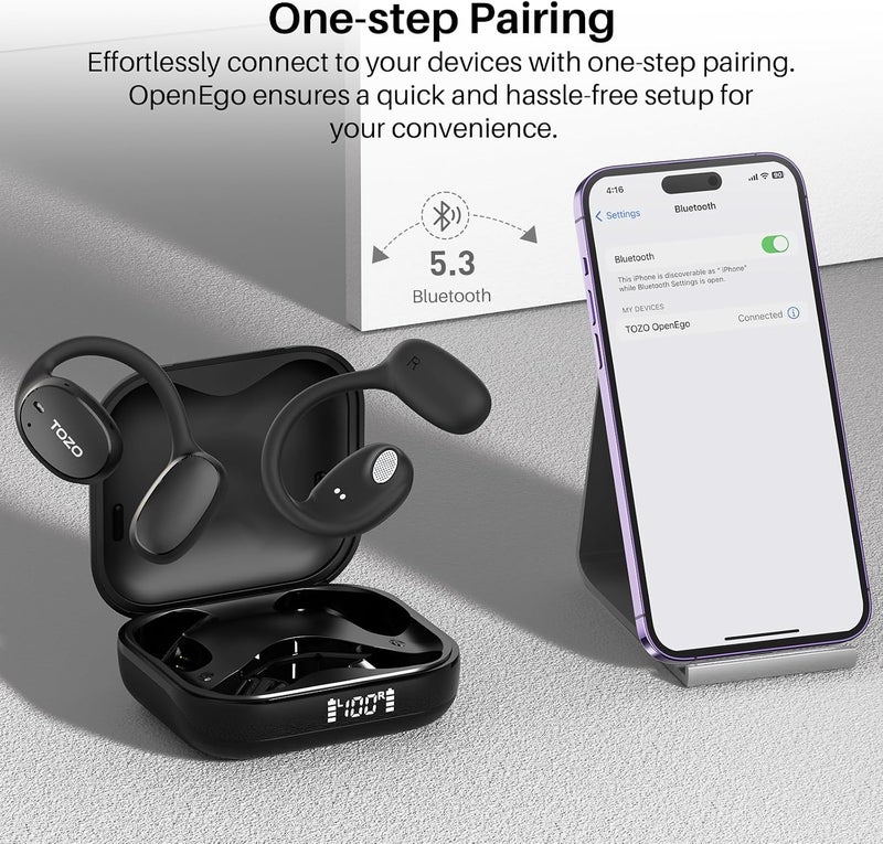 TOZO OpenEgo True Wireless Open Ear Headphone - Bluetooth 5.3 Sport Earbuds with Earhooks, Digital Display, Dual Mic, Sweat-Proof for Running, Black - Image 4