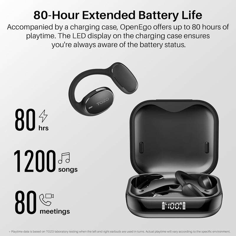 TOZO OpenEgo True Wireless Open Ear Headphone - Bluetooth 5.3 Sport Earbuds with Earhooks, Digital Display, Dual Mic, Sweat-Proof for Running, Black - Image 3