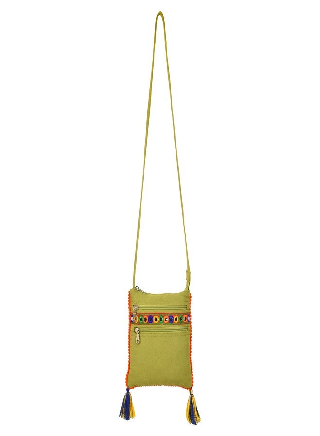 Anekaant Unisex Frill Green Canvas Tassel Sling Bag - Image 4