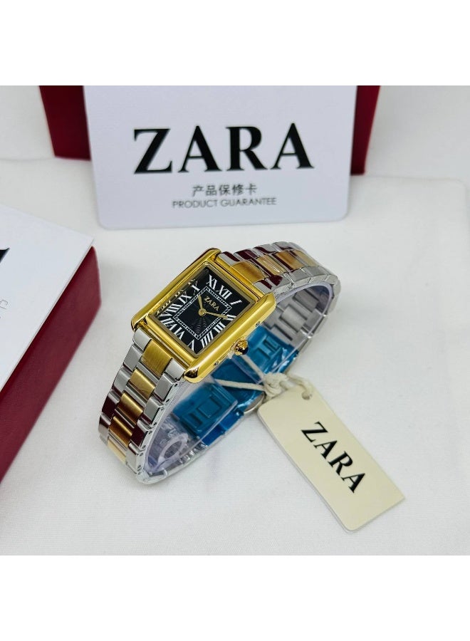 ZARA Classic Women's Two-Tone Rectangle Watch | Black Roman Numerals Dial | Gold Case & Stainless Steel Bracelet