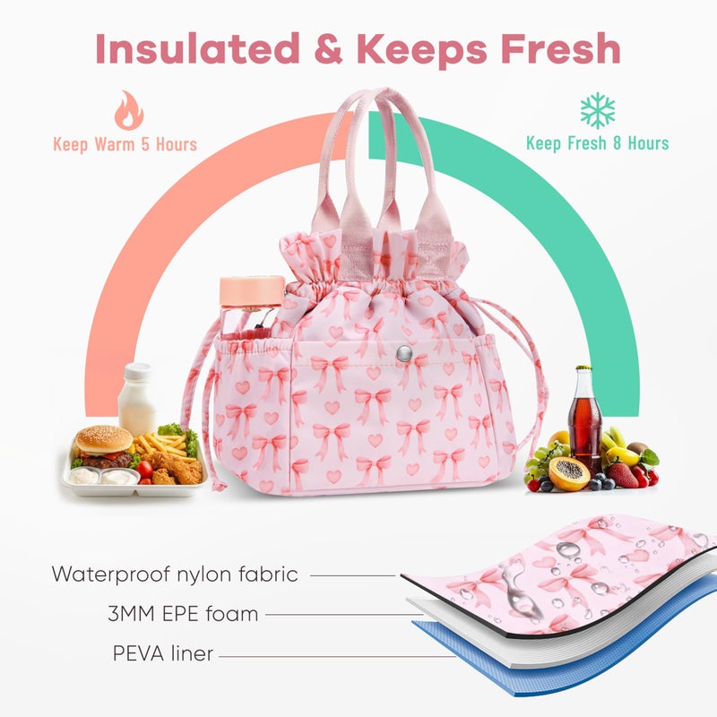 Yarnic Bow Lunch Bag Women Insulated Lunch Bags,Cute Reusable Lunch Box Stain-Resistant Lunchbox with Water Bottle Holder for Adult (Pink Bow) - Image 2