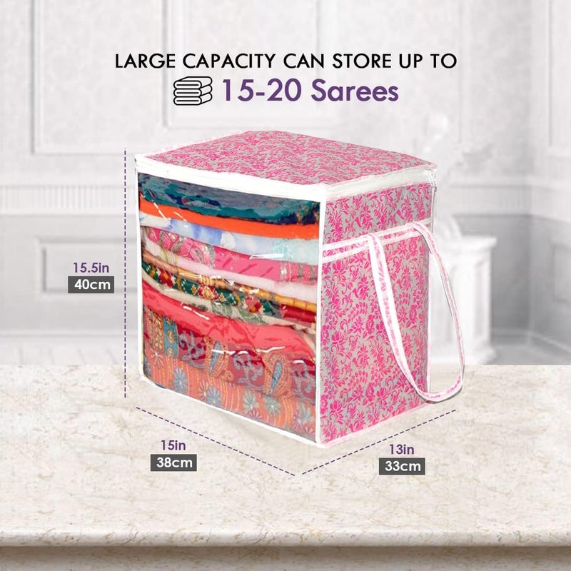 SHAPING FABRIC Pink Floral Fabric Saree Storage Bag with Transparent Front & Zipper Closure - Pack of 01 - Image 3