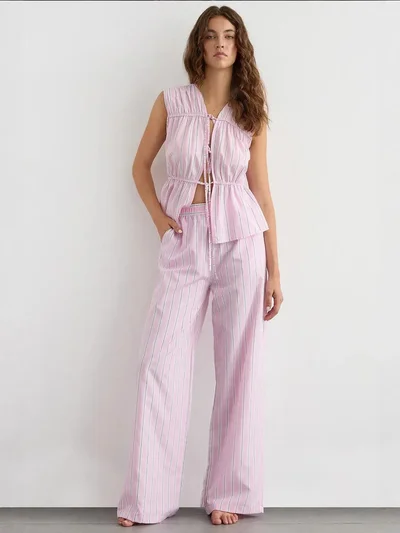 HICCUP Wide Leg Striped Pants with Elastic Waist