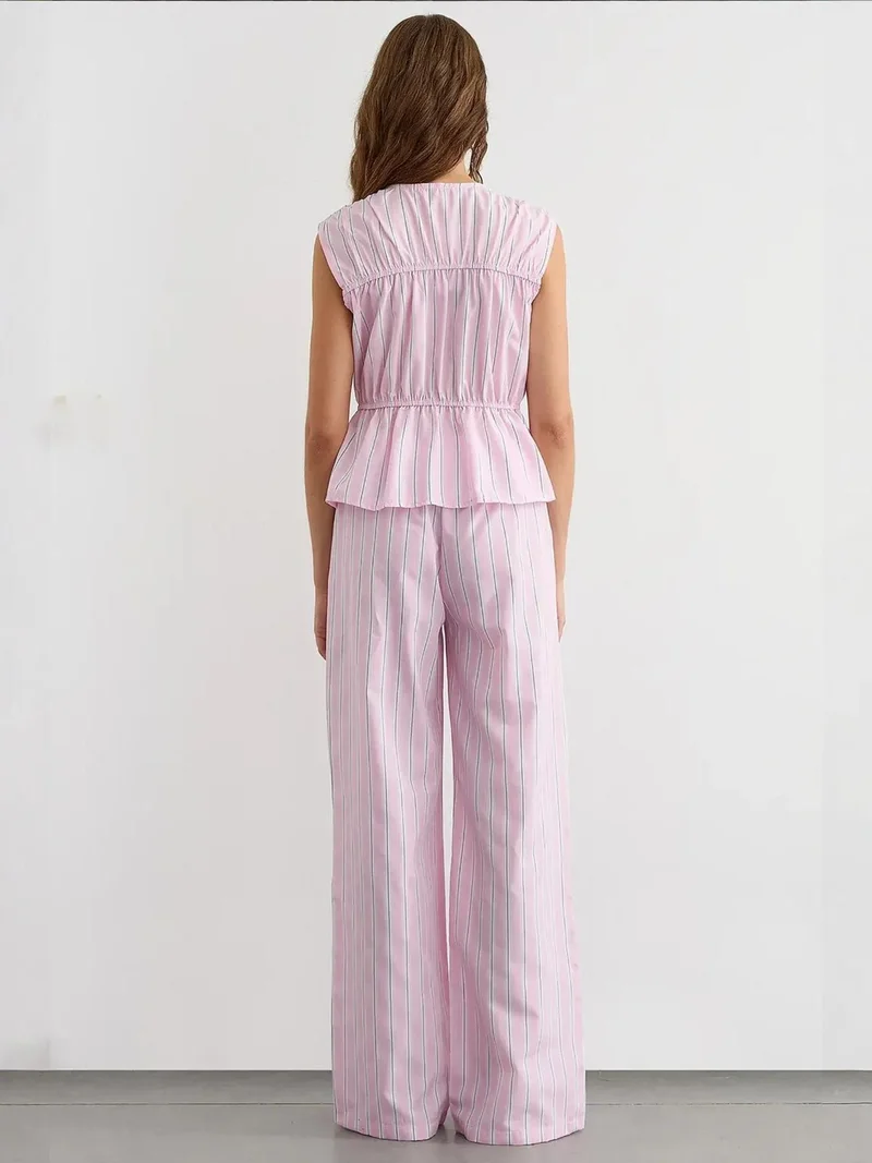 HICCUP Wide Leg Striped Pants with Elastic Waist