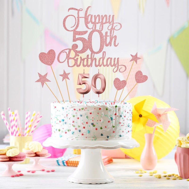 Lecferrarc 50th Birthday Cake Decorations, 50th Birthday Candles Cake Numeral Candles and Glitter Happy 50th Birthday Cake Toppers Set for Birthday Party Supplies (Rose Gold) - Image 5