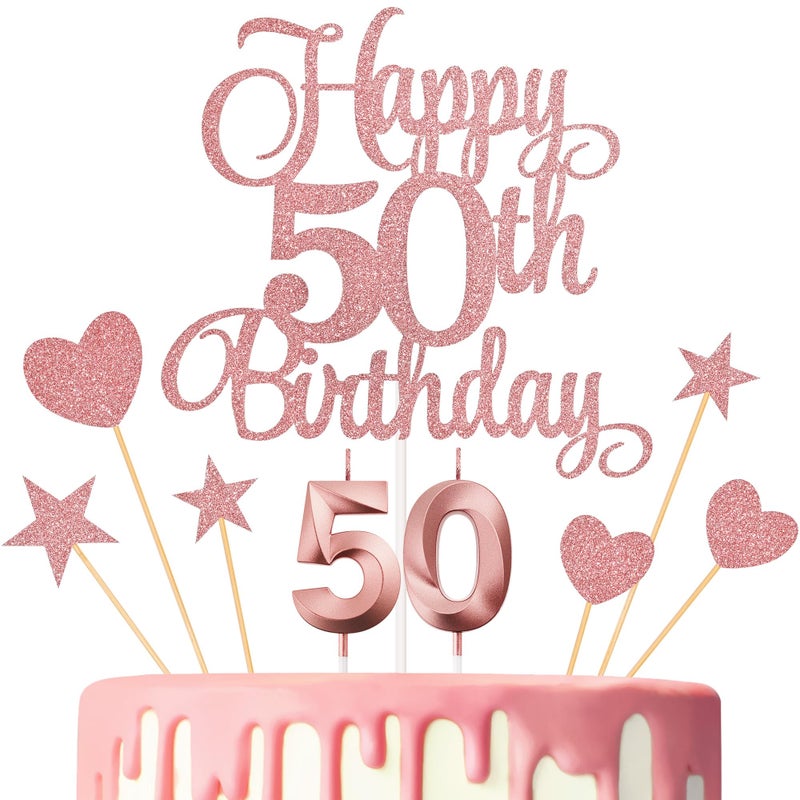 Lecferrarc 50th Birthday Cake Decorations, 50th Birthday Candles Cake Numeral Candles and Glitter Happy 50th Birthday Cake Toppers Set for Birthday Party Supplies (Rose Gold) - Image 1