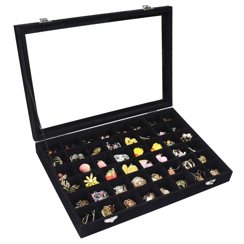 Vicoter Velvet Jewelry Tray 48 Compartments Jewelry Display Organizer with Transparent Cover Rings, Earrings, Necklaces, Pendants Storage Box for Girls, Wives, Mothers, Women - Image 1