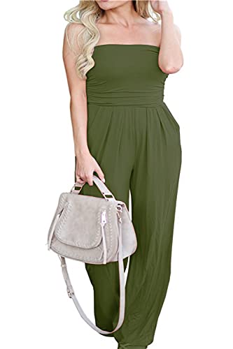 PRIMODA Women's Tube Top Strapless Off Shoulder Loose Wide Leg Jumpsuit Romper With Pockets (Large, Army Green) - Image 1