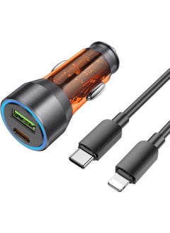 Hc 43W Car Charger with 1x Type-C 1x USB Port and 1m Type-C to iPhone Lightning Cable, current, voltage and heat protected