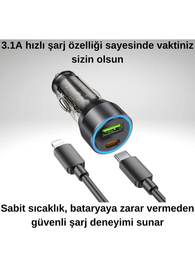 Polham - Hc 43W Car Charger with 1x Type-C 1x USB Port and 1m Type-C to iPhone Lightning Cable, current, voltage and heat protected - Image 1