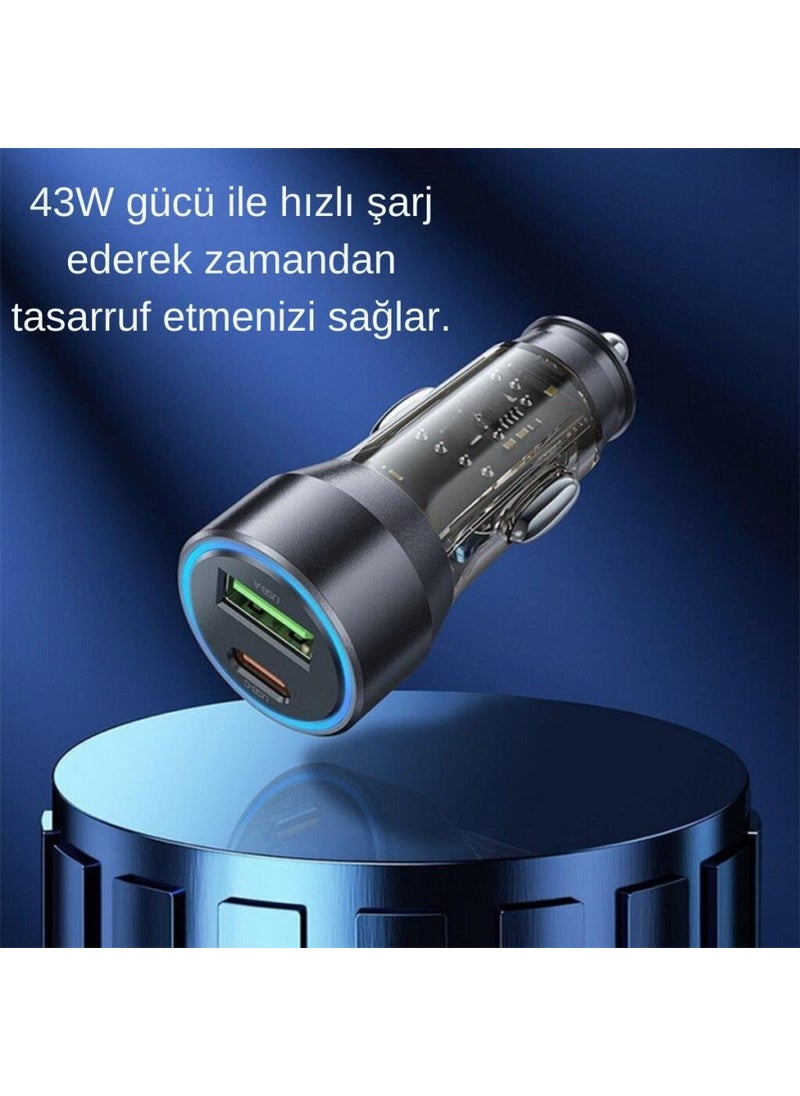 Polham - Hc 43W Car Charger with 1x Type-C 1x USB Port and 1m Type-C to iPhone Lightning Cable, current, voltage and heat protected - Image 1