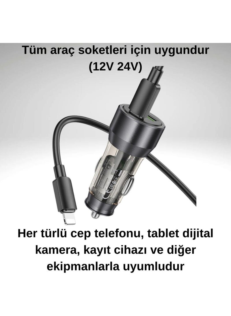 Polham - Hc 43W Car Charger with 1x Type-C 1x USB Port and 1m Type-C to iPhone Lightning Cable, current, voltage and heat protected - Image 1